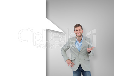 Composite image of stylish man smiling and gesturing with speech