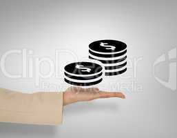 Composite image of female hand presenting dollar coins