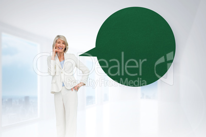 Composite image of thinking businesswoman with speech bubble