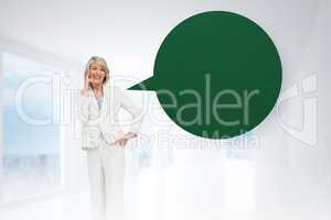 Composite image of thinking businesswoman with speech bubble