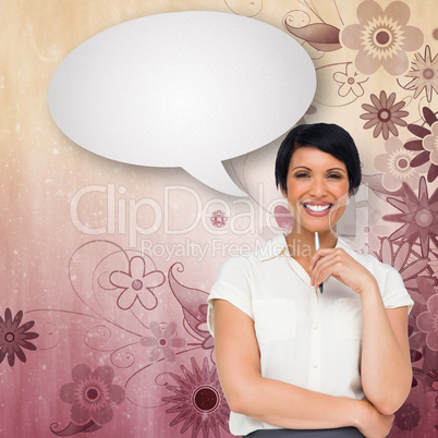 Composite image of thoughtful businesswoman with speech bubble