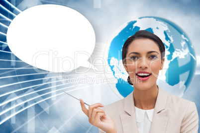 Composite image of smiling businesswoman holding a pen with spee