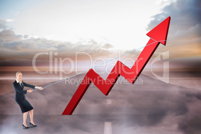 Composite image of businesswoman pulling a rope around arrow