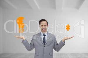 Composite image of smiling businessman presenting graphics with