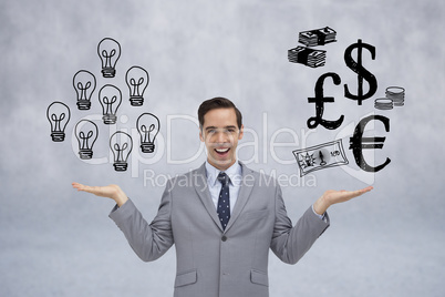 Composite image of smiling businessman presenting graphics with