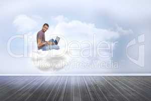 Composite image of man wearing glasses sitting on cloud using la
