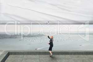 Composite image of businesswoman pulling a white screen