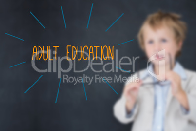 Adult education against schoolboy and blackboard