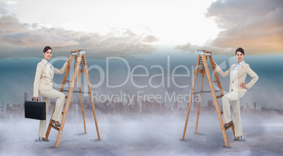 Composite image of multiple image of businesswoman climbing ladd