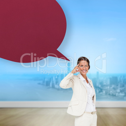 Composite image of thinking businesswoman with speech bubble