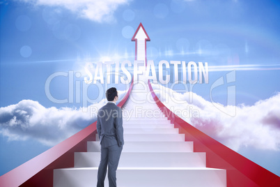 Satisfaction against red steps arrow pointing up against sky