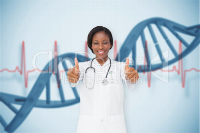 Composite image of young nurse giving thumbs up