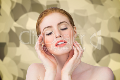 Composite image of beautiful redhead posing with hands