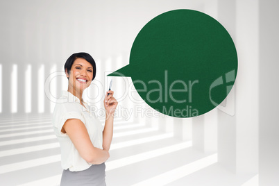 Composite image of thoughtful businesswoman with speech bubble