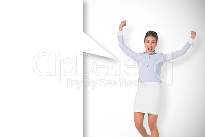 Composite image of excited brunette businesswoman with speech bu