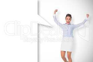 Composite image of excited brunette businesswoman with speech bu