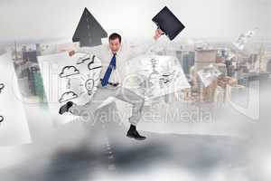 Composite image of cheerful jumping businessman with his suitcas