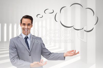 Composite image of young businessman presenting something with t