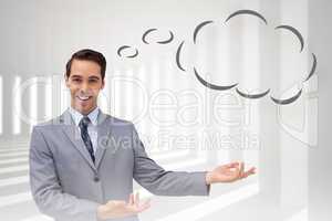 Composite image of young businessman presenting something with t