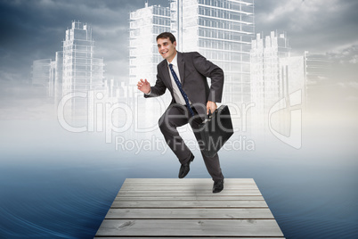 Composite image of cheerful businessman in a hurry