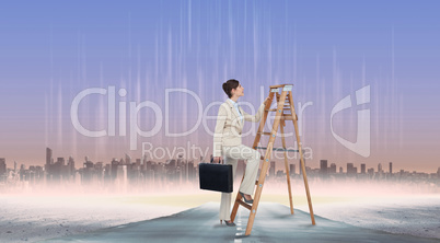 Composite image of businesswoman climbing career ladder with bri