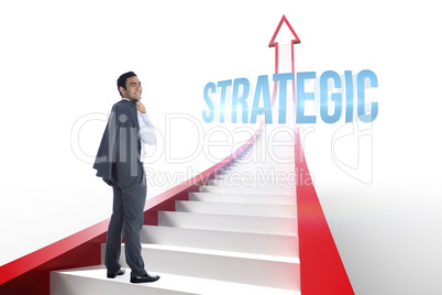 Strategic against red arrow with steps graphic