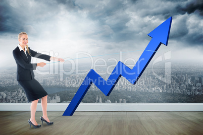 Composite image of businesswoman pulling a rope around arrow