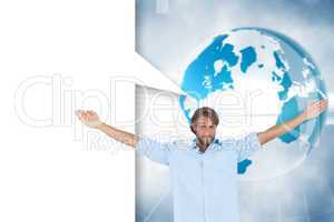 Composite image of handsome man raising hands with speech bubble