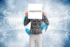Businesswoman holding card saying perspective