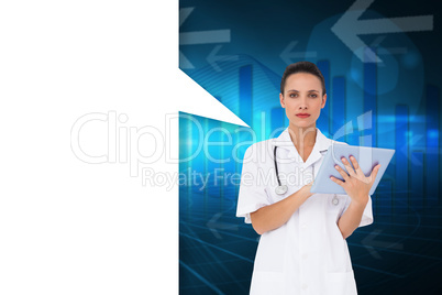 Composite image of pretty nurse using tablet pc with speech bubb