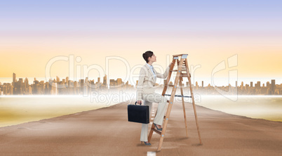 Composite image of businesswoman climbing career ladder with bri