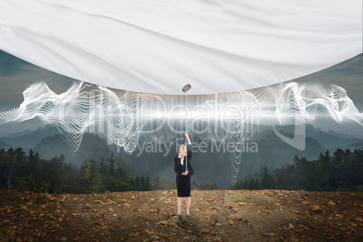 Composite image of businesswoman pulling a white screen