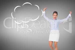 Composite image of excited brunette businesswoman jumping and ch