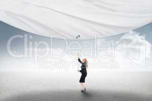 Composite image of businesswoman pulling a white screen