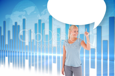 Composite image of charming woman pointing with speech bubble