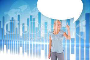 Composite image of charming woman pointing with speech bubble