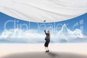 Composite image of businesswoman pulling a white screen