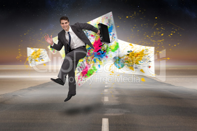 Composite image of smiling businessman in a hurry