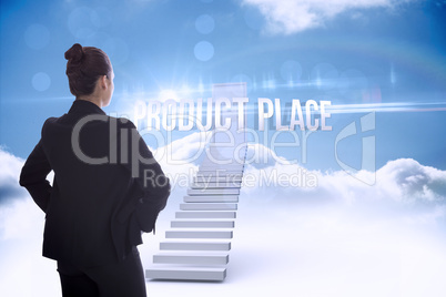 Product place against shut door at top of stairs in the sky