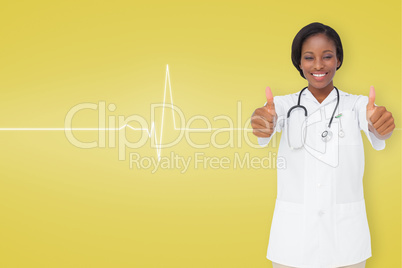 Composite image of young nurse giving thumbs up