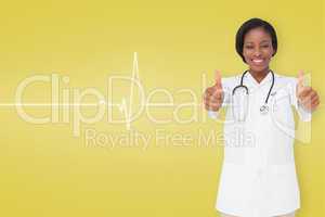 Composite image of young nurse giving thumbs up