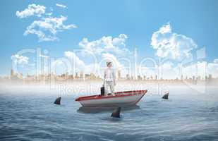 Composite image of serious classy businesswoman in a sailboat
