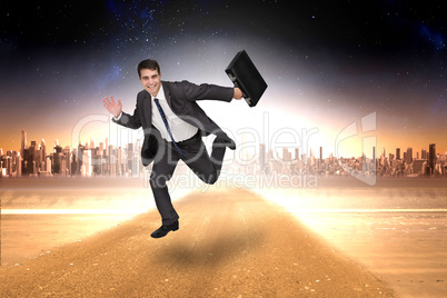 Composite image of smiling businessman in a hurry