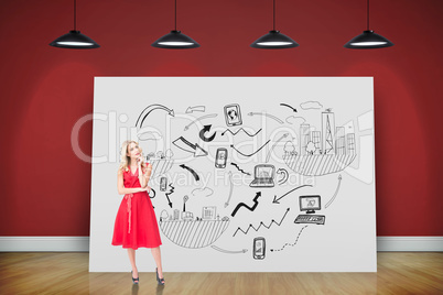 Composite image of thoughtful blonde wearing red dress