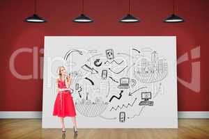 Composite image of thoughtful blonde wearing red dress