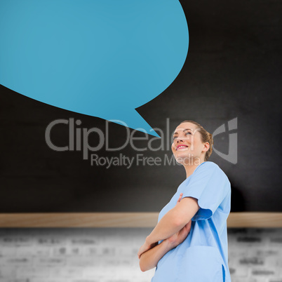 Composite image of pretty surgeon with arms crossed with speech