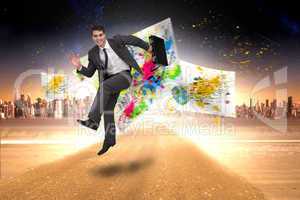 Composite image of smiling businessman in a hurry