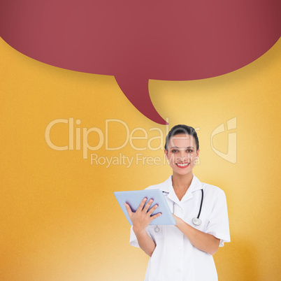 Composite image of pretty nurse using tablet pc with speech bubb