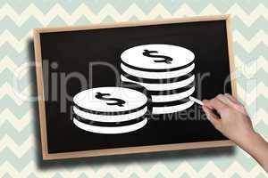 Composite image of hand drawing coins with chalk