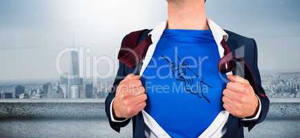 Composite image of businessman opening his shirt superhero style